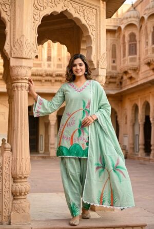 Women's Pista Green Hand-Brush Painted Floral Mulmul Cotton Farsi Salwar Suit Set with Lining Manufacturer Wholesale in Jaipur