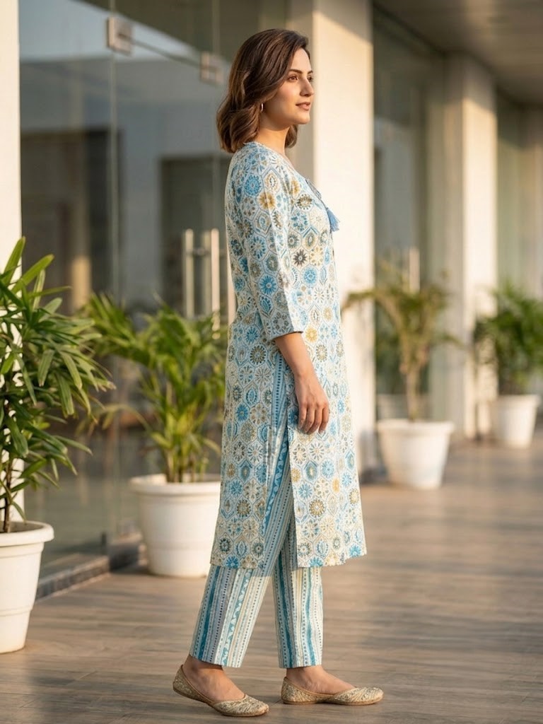 Women's Sky Blue Geometric & Floral Printed Pure Cotton Straight Kurta With Pant Manufacturer Wholesale in Jaipur
