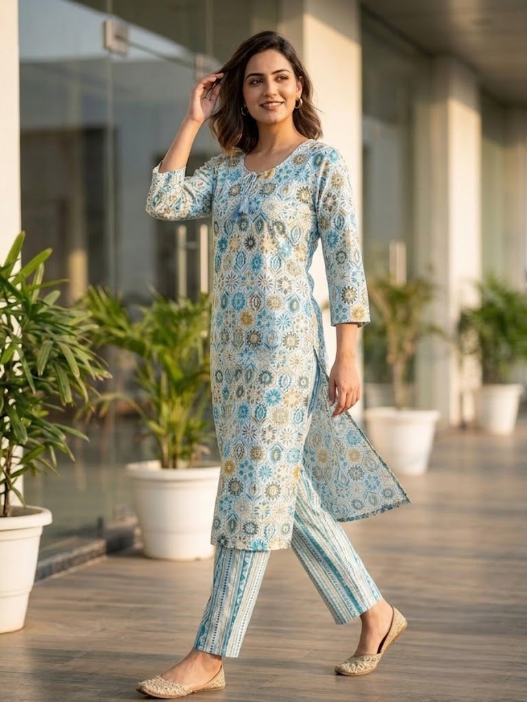 Women's Sky Blue Geometric & Floral Printed Pure Cotton Straight Kurta With Pant Manufacturer Wholesale in Jaipur