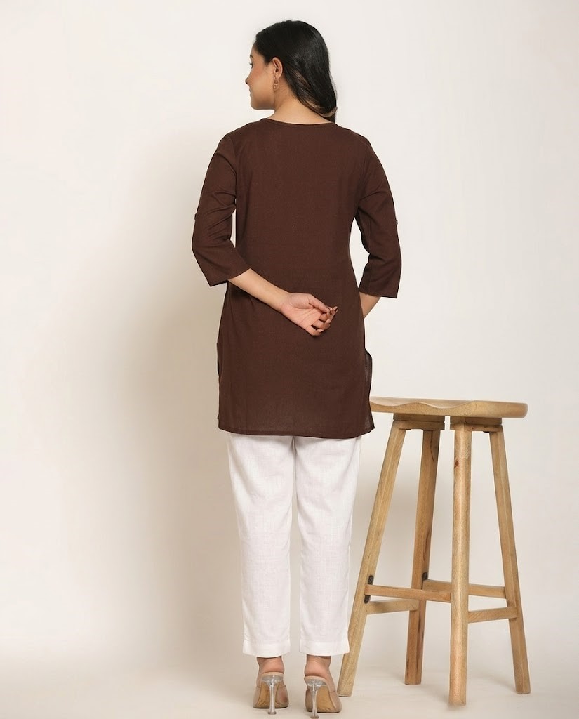 Women's Solid Chocolate Brown Cotton Flex Short Kurti Manufacturer Wholesale in Jaipur