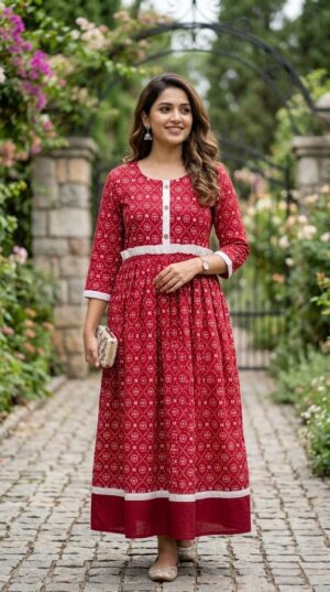Women's Red Printed Rayon Slub Flared Long One-Piece Dress Manufacturer Wholesale in Jaipur