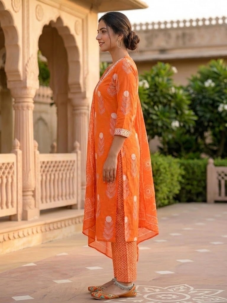 Women's Bright Orange Floral Block Printed Pure Cotton Straight Kurta Pant And Dupatta Manufacturer Wholesale in Jaipur