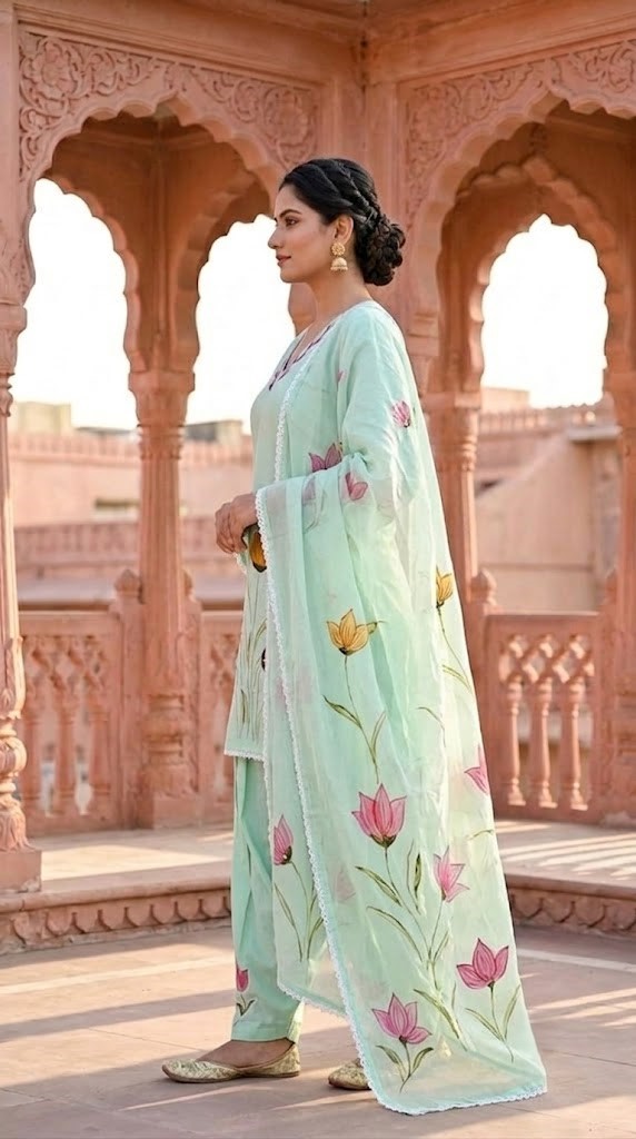 Women's Light Aqua Hand-Brush Painted Floral Mulmul Cotton Farsi Salwar Suit Set with Lining Manufacturer Wholesale in Jaipur