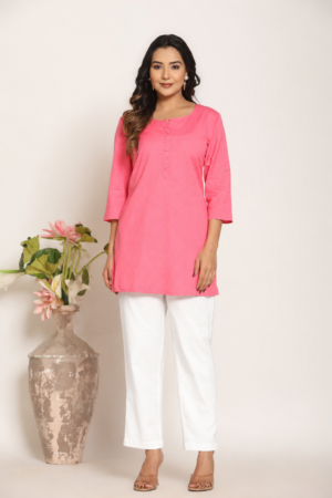 Women's Solid Flamingo Pink Cotton Flex Short Kurti Manufacturer Wholesale in Jaipur