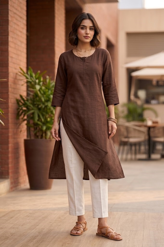 Women's Pure Cotton Flex Solid Chocolate Brown Straight Long Kurta for Women | Everyday Office & Casual Wear Manufacturer Wholesale in Jaipur