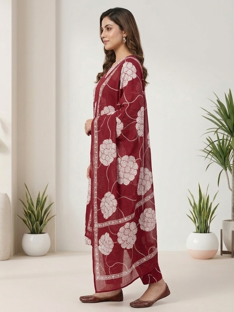 Women's Maroon Floral Block Printed Straight Kurta Pant with Dupatta Manufacturer Wholesale in Jaipur