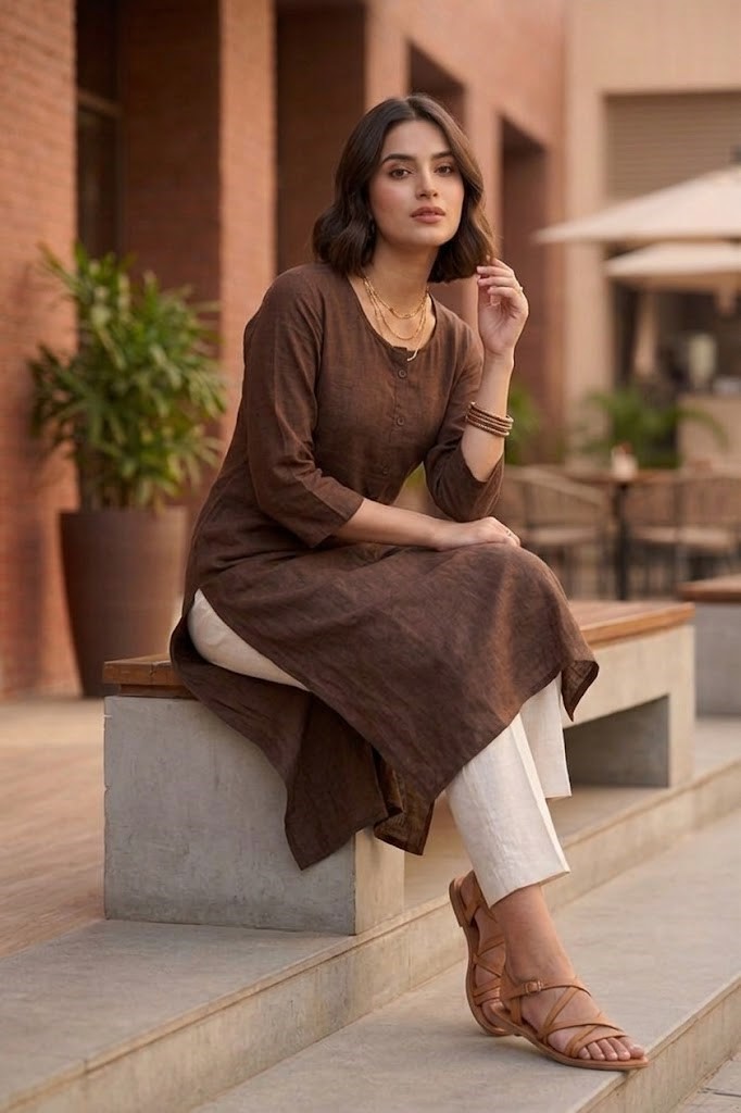 Women's Pure Cotton Flex Solid Chocolate Brown Straight Long Kurta for Women | Everyday Office & Casual Wear Manufacturer Wholesale in Jaipur