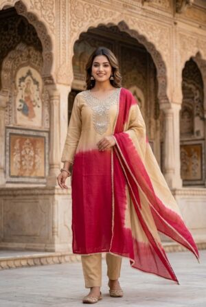 Women Beige & Maroon Ombre Shaded Cotton Heavy Embroidered Straight Kurta Pant And Dupatta Set