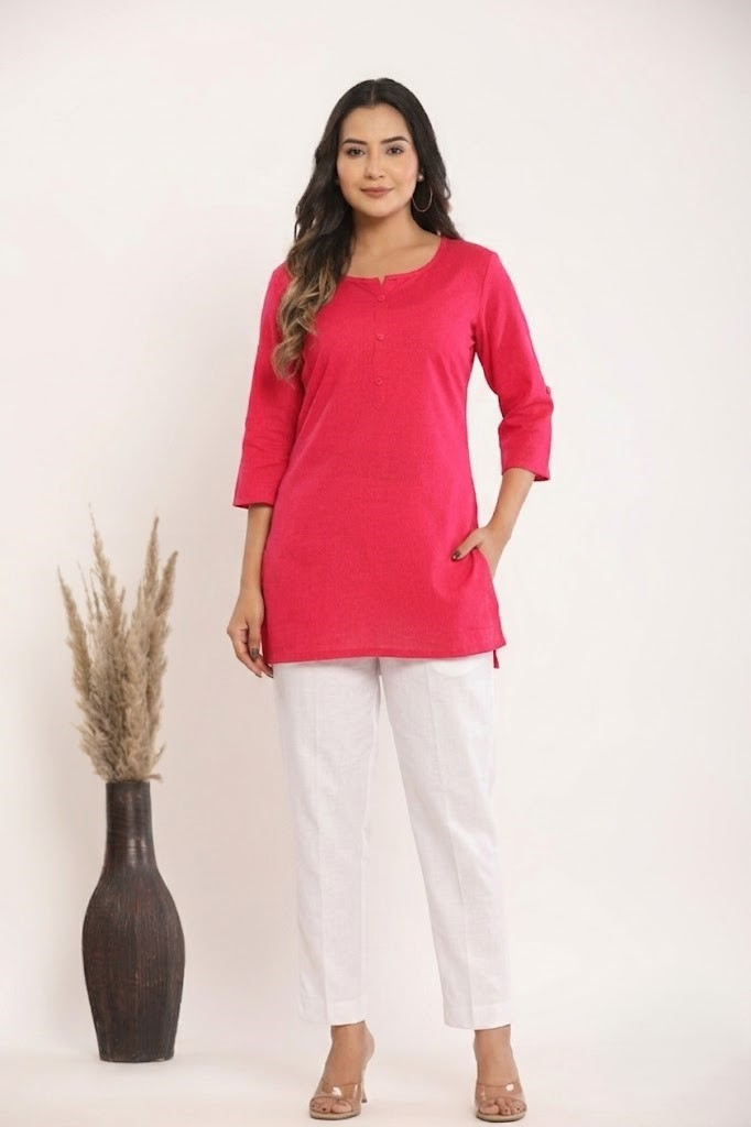 Women's Solid Rani Pink Cotton Flex Short Kurti Manufacturer Wholesale in Jaipur