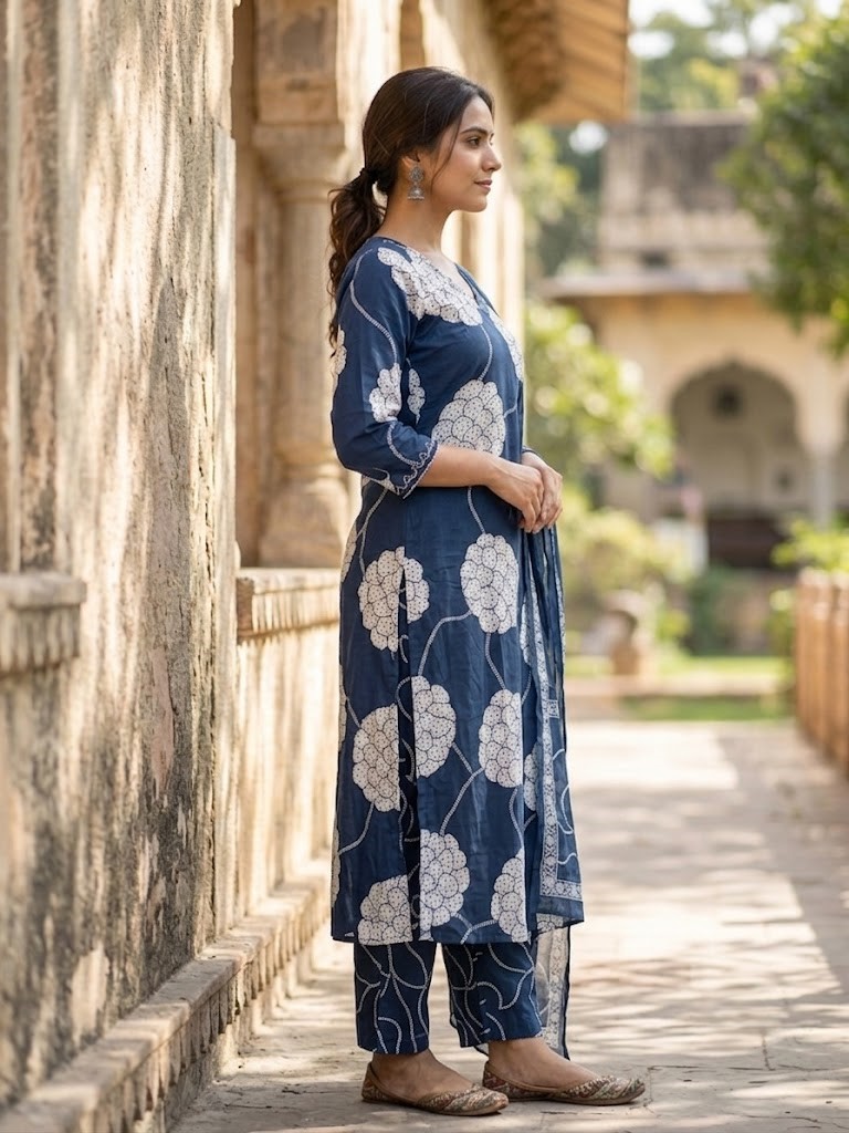 Women's Navy Blue Floral Block Printed Straight Kurta Pant with Dupatta Manufacturer Wholesale in Jaipur