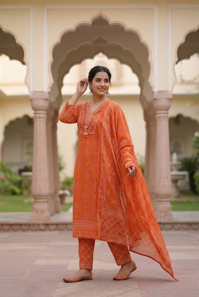Women Rust Orange Printed Straight Kurta Pant And Dupatta Manufacturer Wholesale in Jaipur