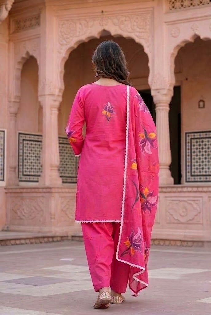 Women's Magenta Pink Hand-Brush Painted Floral Mulmul Cotton Farsi Salwar Suit Set with Lining Manufacturer Wholesale in Jaipur