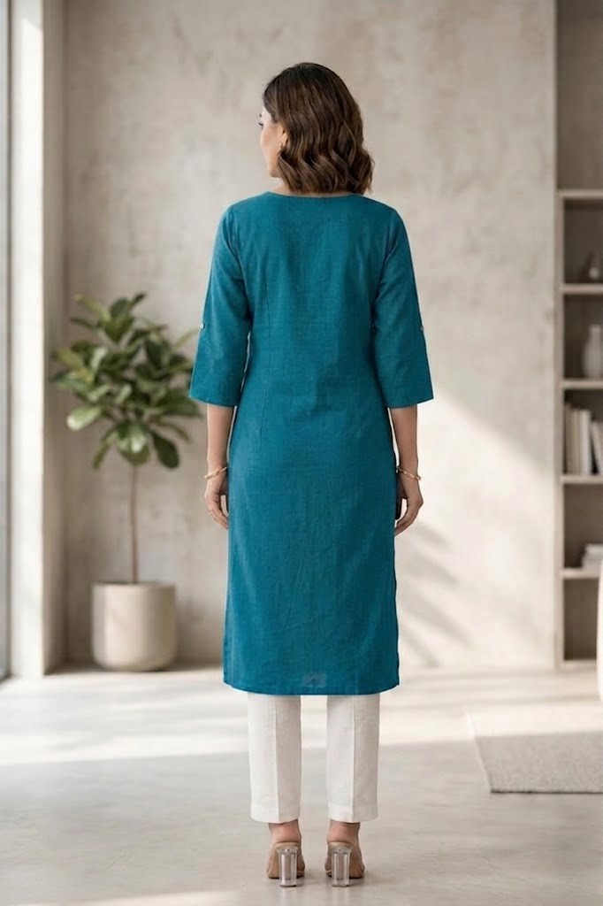 Women's Pure Cotton Flex Solid Peacock Blue Straight Long Kurta for Women | Everyday Office & Casual Wear Manufacturer Wholesale in Jaipur