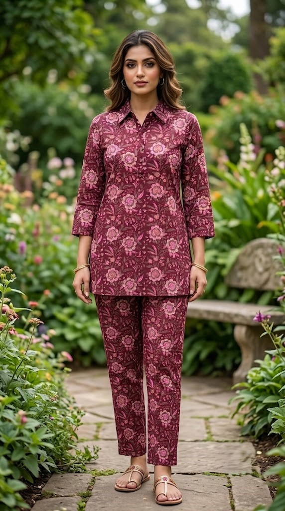 Women's Wine Floral Printed Cotton Short Kurti & Pants Co-ord Set with Shirt Collar Manufacturer Wholesale in Jaipur