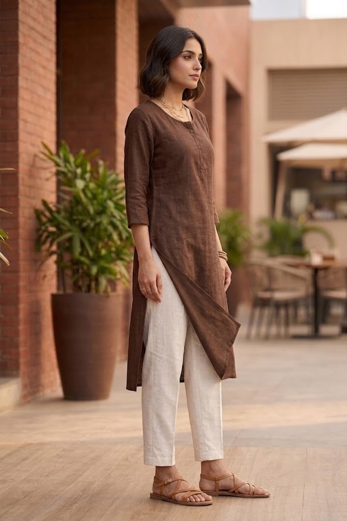 Women's Pure Cotton Flex Solid Chocolate Brown Straight Long Kurta for Women | Everyday Office & Casual Wear Manufacturer Wholesale in Jaipur