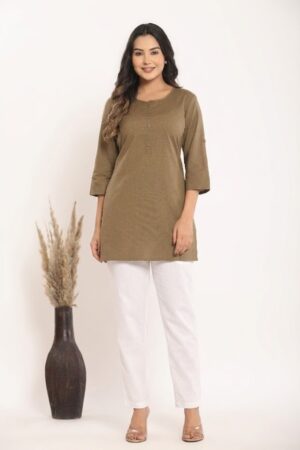 Women's Solid Olive Green Cotton Flex Short Kurti Manufacturer Wholesale in Jaipur