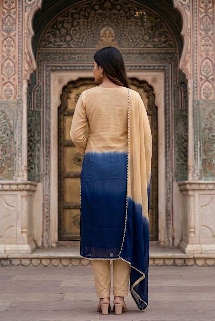 Women Beige & Royal Blue Ombre Shaded Cotton Heavy Embroidered Straight Kurta Pant And Dupatta Set Manufacturer Wholesale in Jaipur