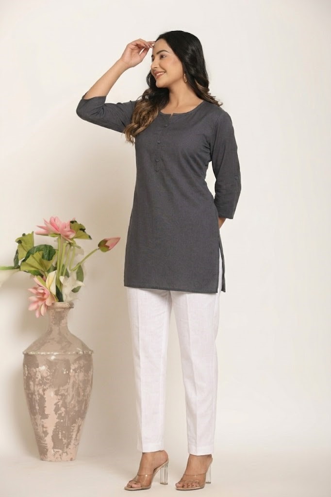 Women's Solid Smoke Grey Cotton Flex Short Kurti Manufacturer Wholesale in Jaipur