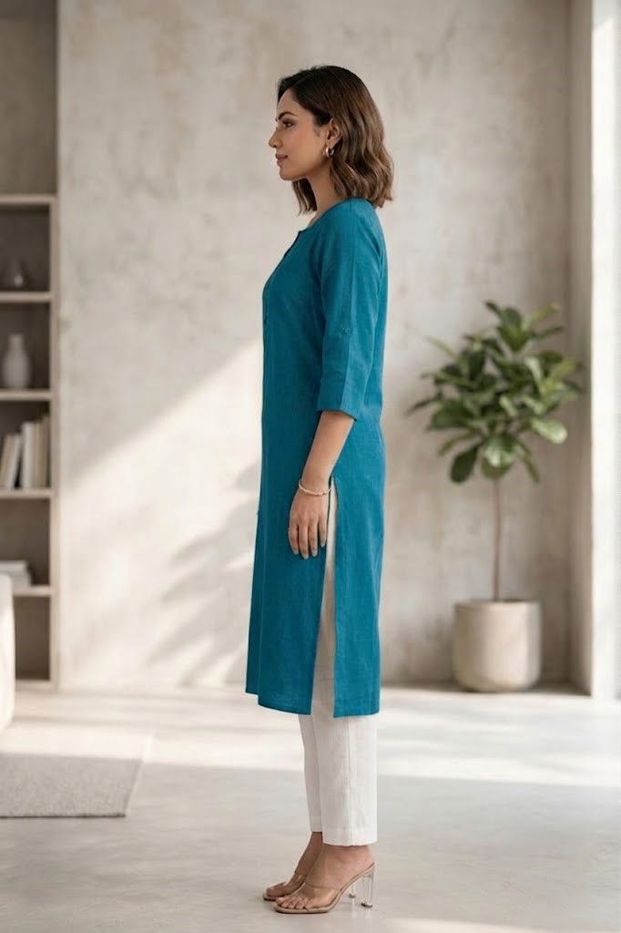 Women's Pure Cotton Flex Solid Peacock Blue Straight Long Kurta for Women | Everyday Office & Casual Wear Manufacturer Wholesale in Jaipur