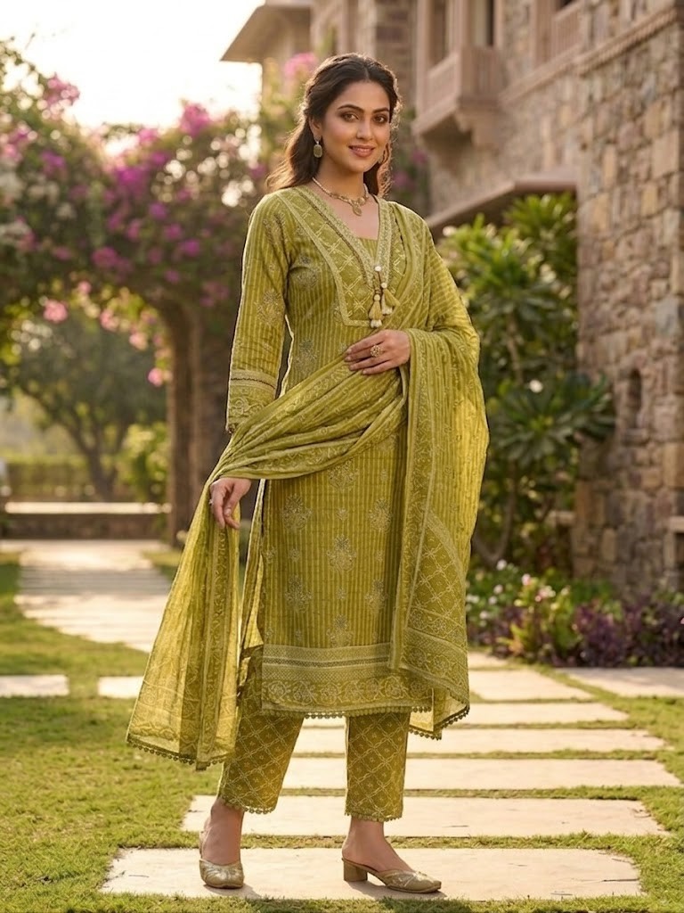 Women Parrot Green Printed Straight Kurta Pant And Dupatta Manufacturer Wholesale in Jaipur