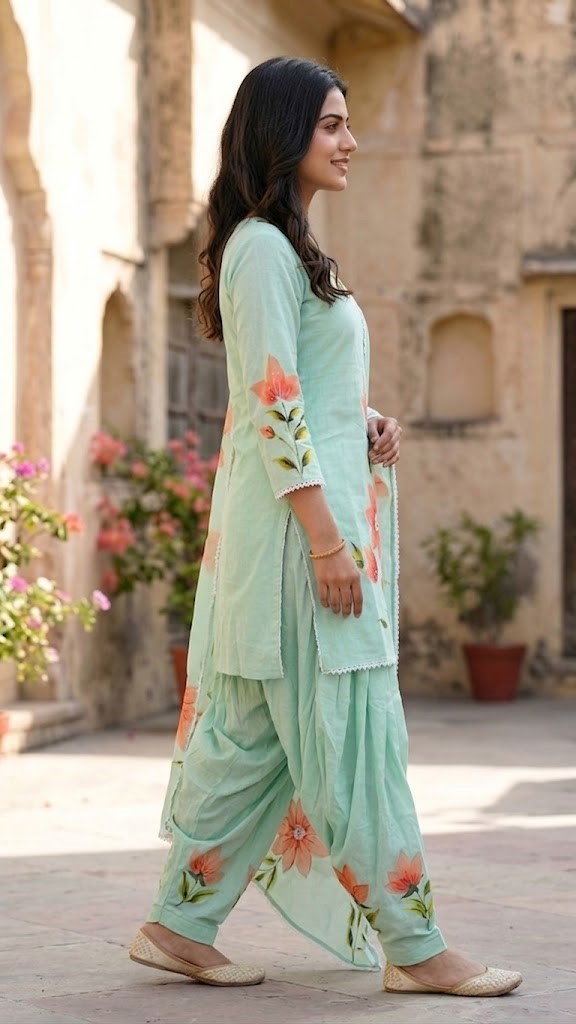 Women's Pastel Mint Hand-Brush Painted Floral Mulmul Cotton Farsi Salwar Suit Set with Lining Manufacturer Wholesale in Jaipur