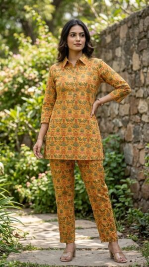 Women's Mustard Yellow Floral Printed Cotton Short Kurti & Pants Co-ord Set with Shirt Collar Manufacturer Wholesale in Jaipur