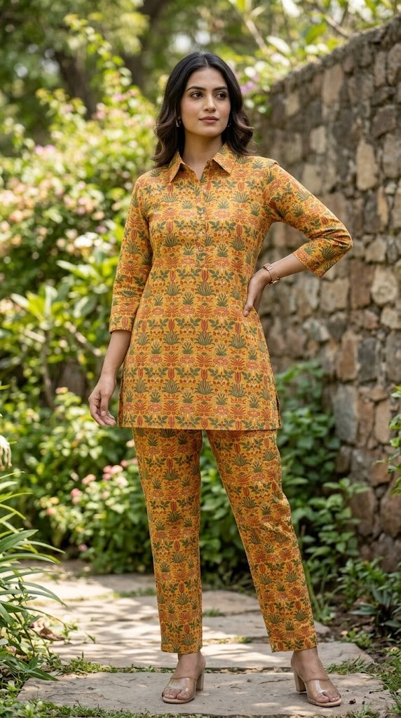 Women's Mustard Yellow Floral Printed Cotton Short Kurti & Pants Co-ord Set with Shirt Collar Manufacturer Wholesale in Jaipur