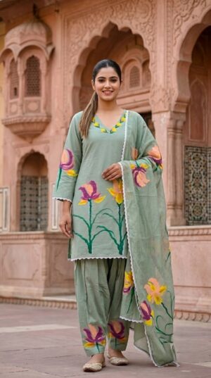 Women's Sage Green Hand-Brush Painted Floral Mulmul Cotton Farsi Salwar Suit Set with Lining Manufacturer Wholesale in Jaipur