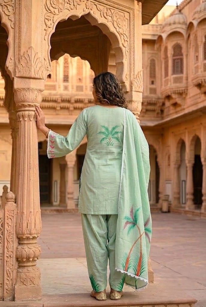 Women's Pista Green Hand-Brush Painted Floral Mulmul Cotton Farsi Salwar Suit Set with Lining Manufacturer Wholesale in Jaipur
