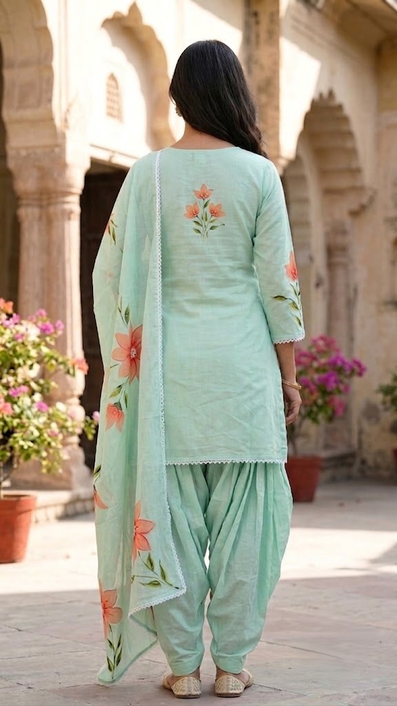 Women's Pastel Mint Hand-Brush Painted Floral Mulmul Cotton Farsi Salwar Suit Set with Lining Manufacturer Wholesale in Jaipur