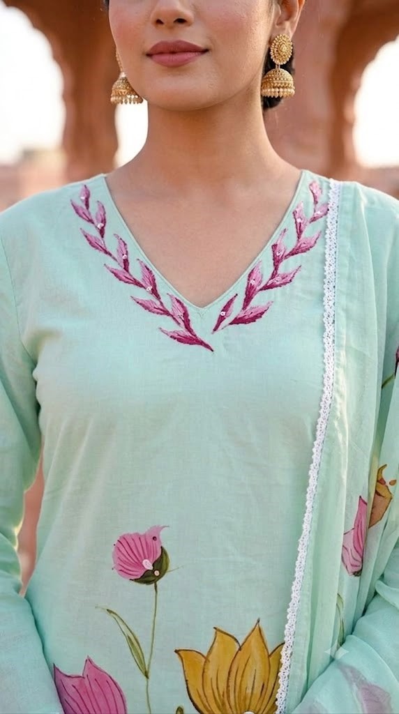 Women's Light Aqua Hand-Brush Painted Floral Mulmul Cotton Farsi Salwar Suit Set with Lining Manufacturer Wholesale in Jaipur