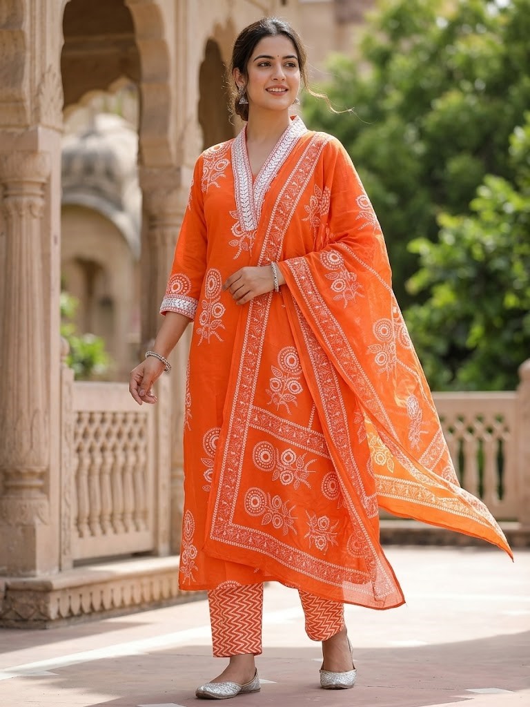 Women's Bright Orange Floral Block Printed Pure Cotton Straight Kurta Pant And Dupatta Manufacturer Wholesale in Jaipur