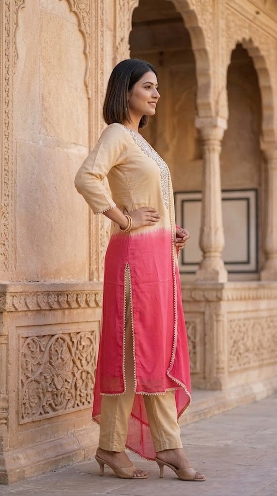 Women Beige & Magenta Pink Ombre Shaded Cotton Heavy Embroidered Straight Kurta Pant And Dupatta Set Manufacturer Wholesale in Jaipur