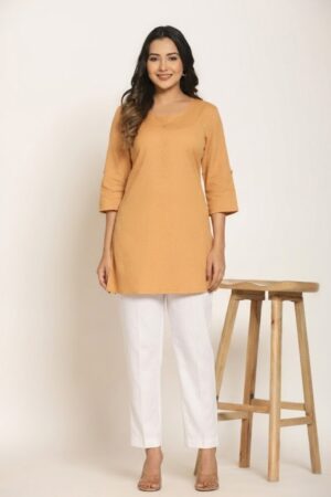 Women's Solid Caramel Camel Cotton Flex Short Kurti Manufacturer Wholesale in Jaipur