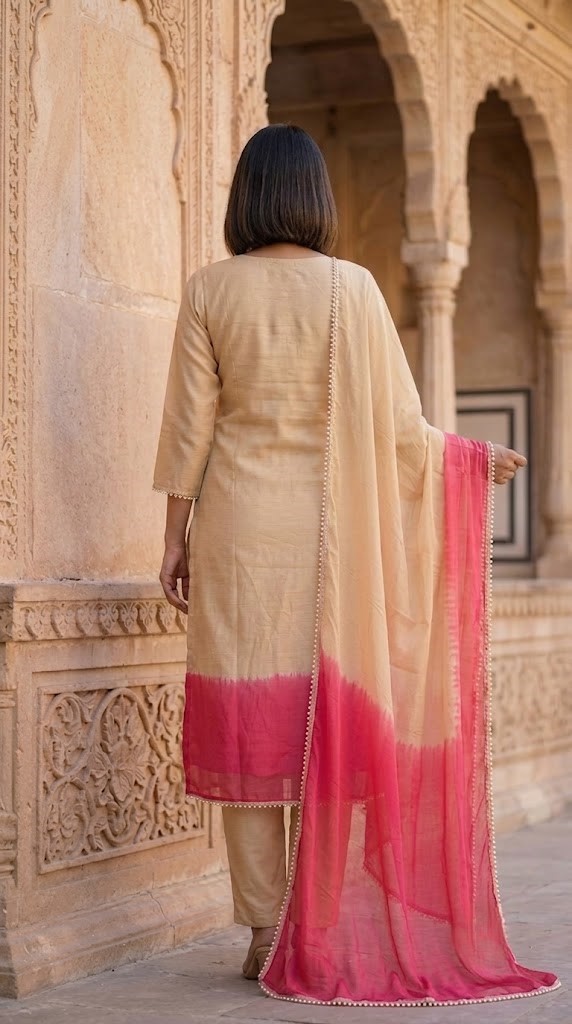 Women Beige & Magenta Pink Ombre Shaded Cotton Heavy Embroidered Straight Kurta Pant And Dupatta Set Manufacturer Wholesale in Jaipur
