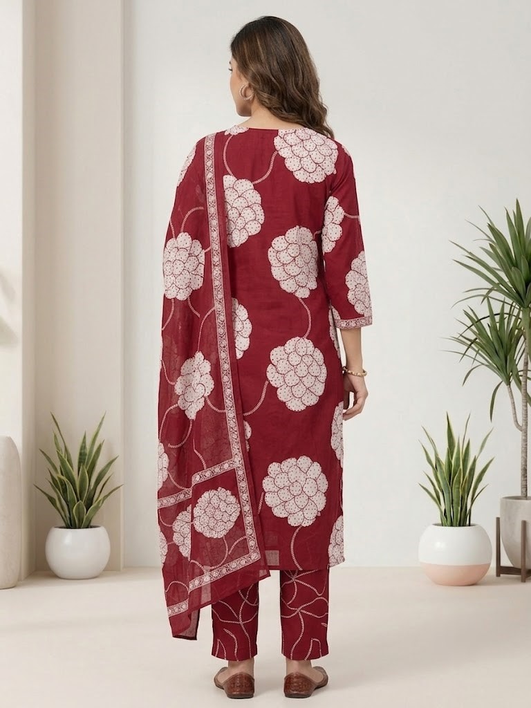 Women's Maroon Floral Block Printed Straight Kurta Pant with Dupatta Manufacturer Wholesale in Jaipur
