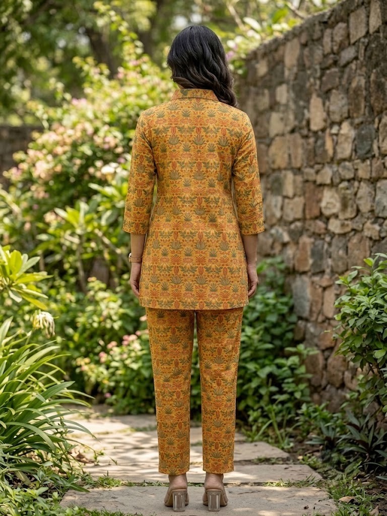 Women's Mustard Yellow Floral Printed Cotton Short Kurti & Pants Co-ord Set with Shirt Collar Manufacturer Wholesale in Jaipur