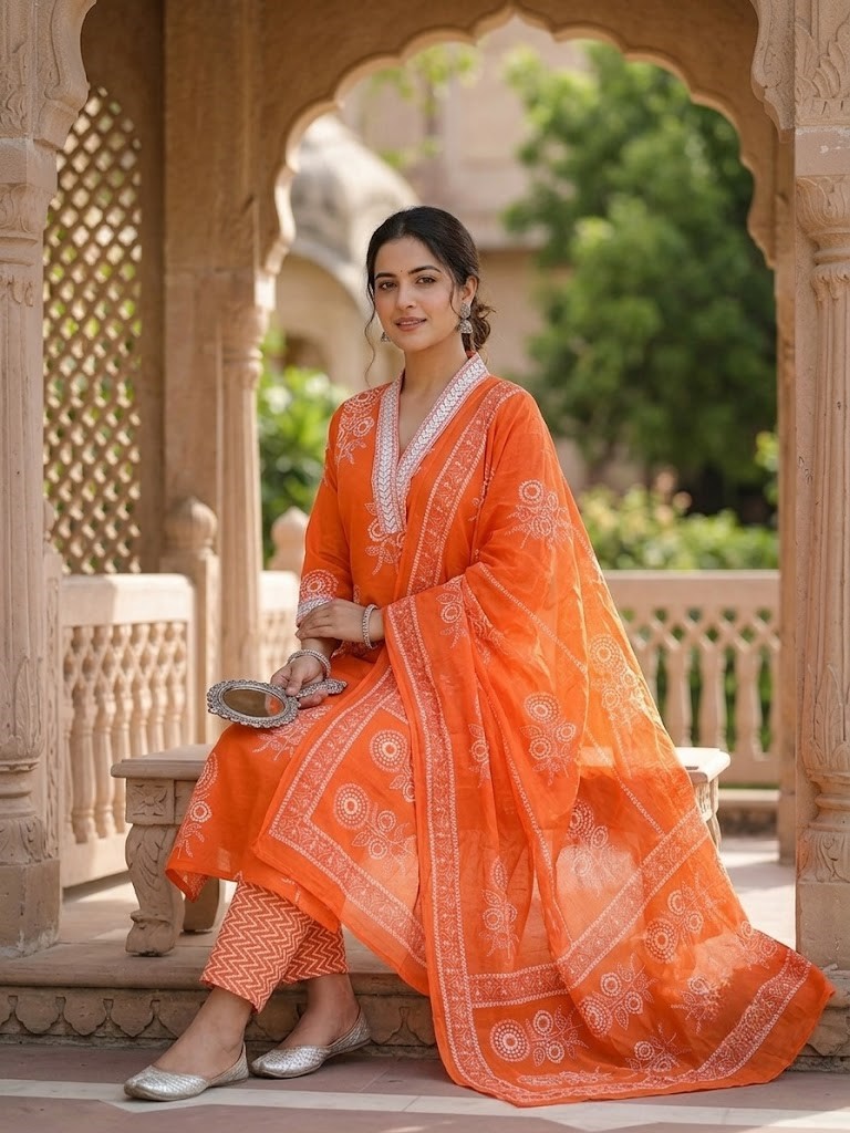Women's Bright Orange Floral Block Printed Pure Cotton Straight Kurta Pant And Dupatta Manufacturer Wholesale in Jaipur