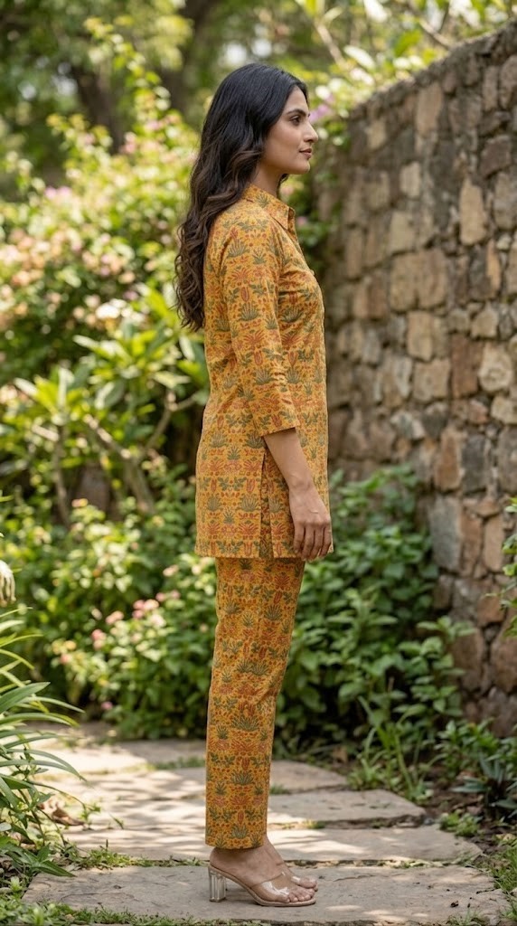 Women's Mustard Yellow Floral Printed Cotton Short Kurti & Pants Co-ord Set with Shirt Collar Manufacturer Wholesale in Jaipur