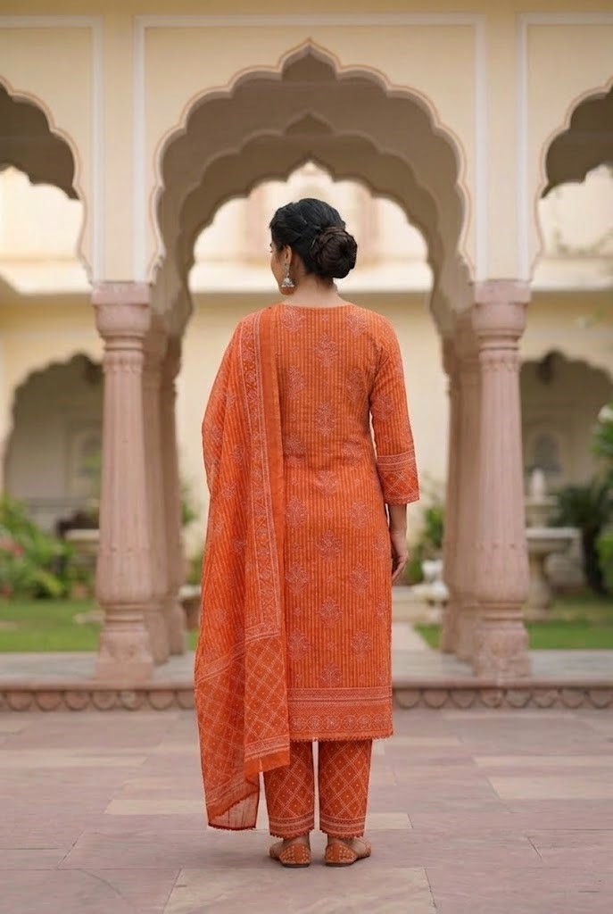 Women Rust Orange Printed Straight Kurta Pant And Dupatta Manufacturer Wholesale in Jaipur
