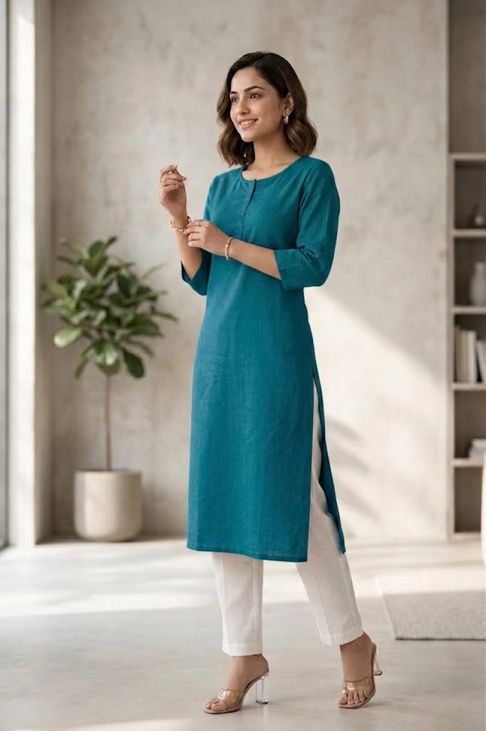 Women's Pure Cotton Flex Solid Peacock Blue Straight Long Kurta for Women | Everyday Office & Casual Wear Manufacturer Wholesale in Jaipur