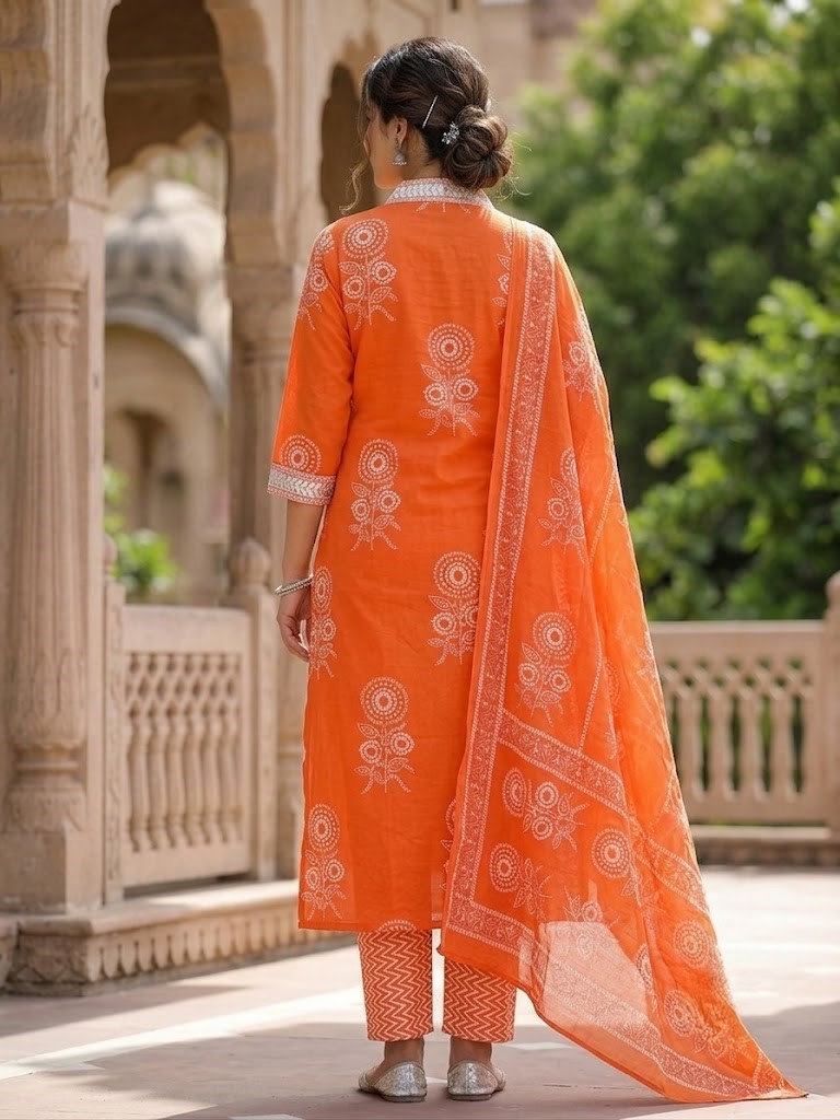 Women's Bright Orange Floral Block Printed Pure Cotton Straight Kurta Pant And Dupatta Manufacturer Wholesale in Jaipur