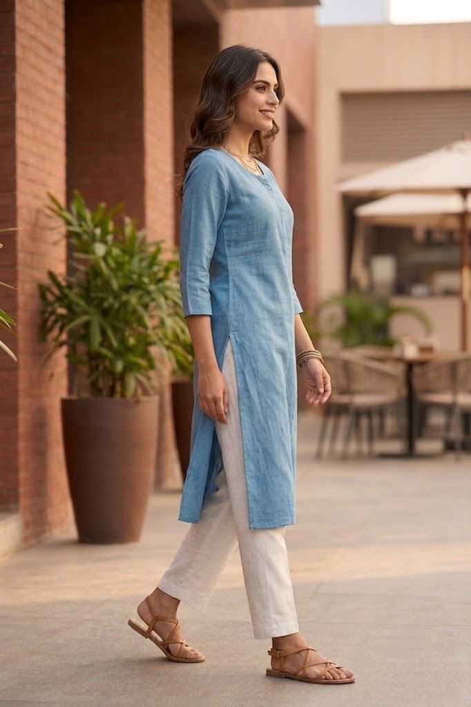Women's Pure Cotton Flex Solid Sky Blue Straight Long Kurta for Women | Everyday Office & Casual Wear Manufacturer Wholesale in Jaipur
