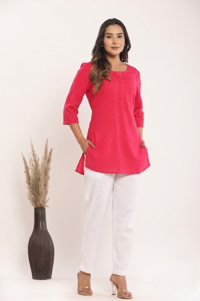 Women's Solid Rani Pink Cotton Flex Short Kurti Manufacturer Wholesale in Jaipur