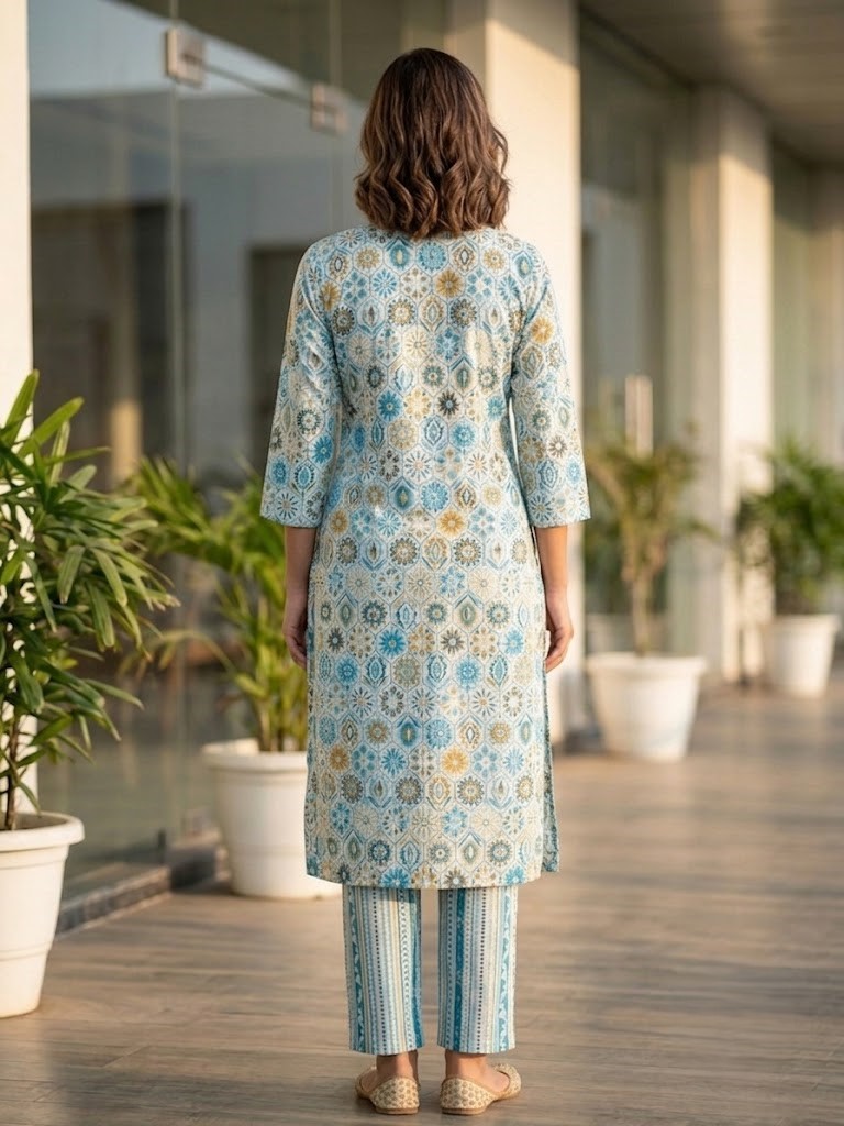 Women's Sky Blue Geometric & Floral Printed Pure Cotton Straight Kurta With Pant Manufacturer Wholesale in Jaipur