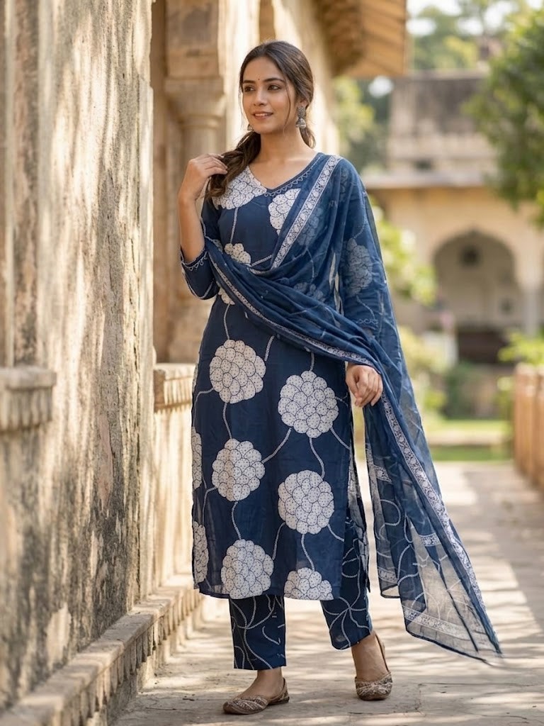 Women's Navy Blue Floral Block Printed Straight Kurta Pant with Dupatta Manufacturer Wholesale in Jaipur