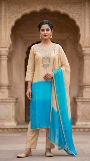 Women Beige & Bright Blue Ombre Shaded Cotton Heavy Embroidered Straight Kurta Pant And Dupatta Set Manufacturer Wholesale in Jaipur