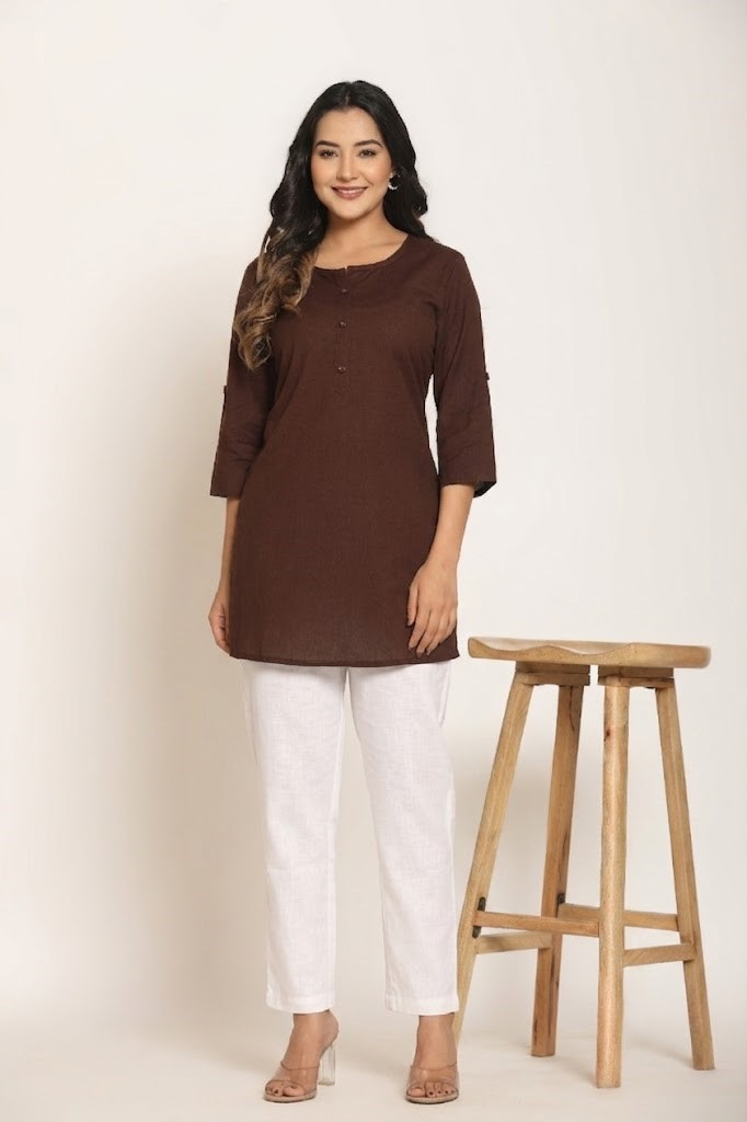 Women's Solid Chocolate Brown Cotton Flex Short Kurti Manufacturer Wholesale in Jaipur