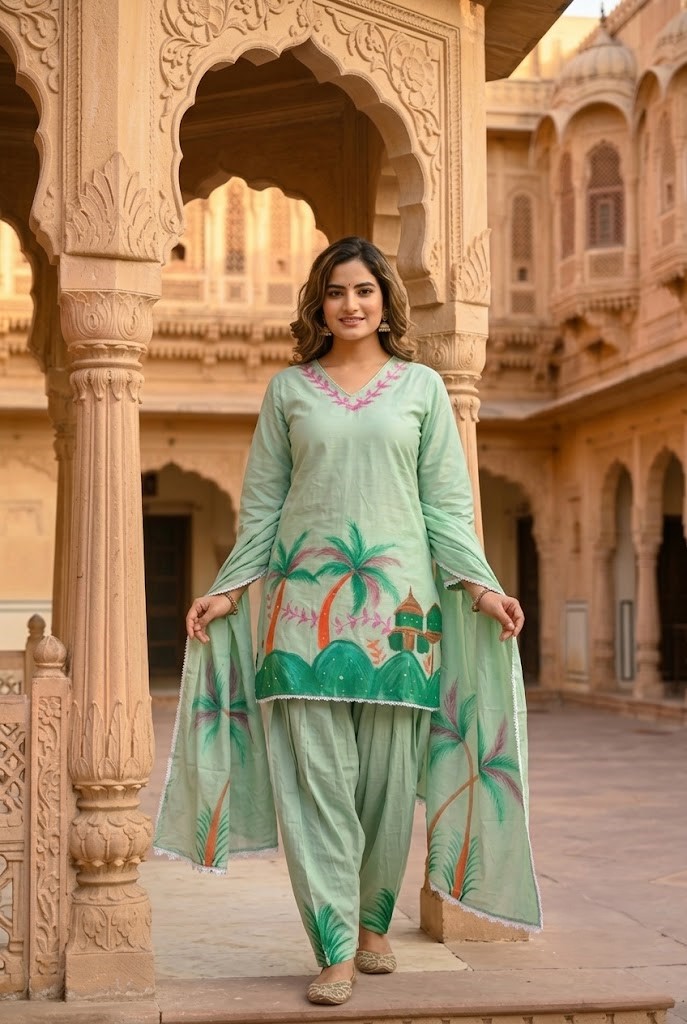 Women's Pista Green Hand-Brush Painted Floral Mulmul Cotton Farsi Salwar Suit Set with Lining Manufacturer Wholesale in Jaipur