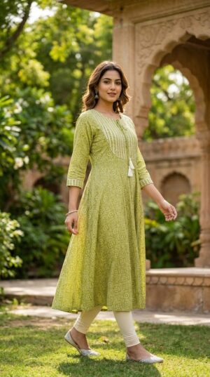 Women's Olive Green Bandhani Printed Cotton Flared One-Piece Anarkali Dress Manufacturer Wholesale in Jaipur